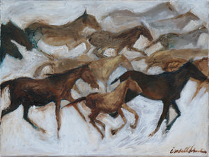 A herd of wild horses galloping on the high desert of the Steens Mountain Wilderness. Isabelle's works are inspired by the cave paintings of our early ancestors. The first artists documented their existence employing color, texture and form. Using nature's most basic available elements, the animals that lived in harmony with them, became their subjects and muses.