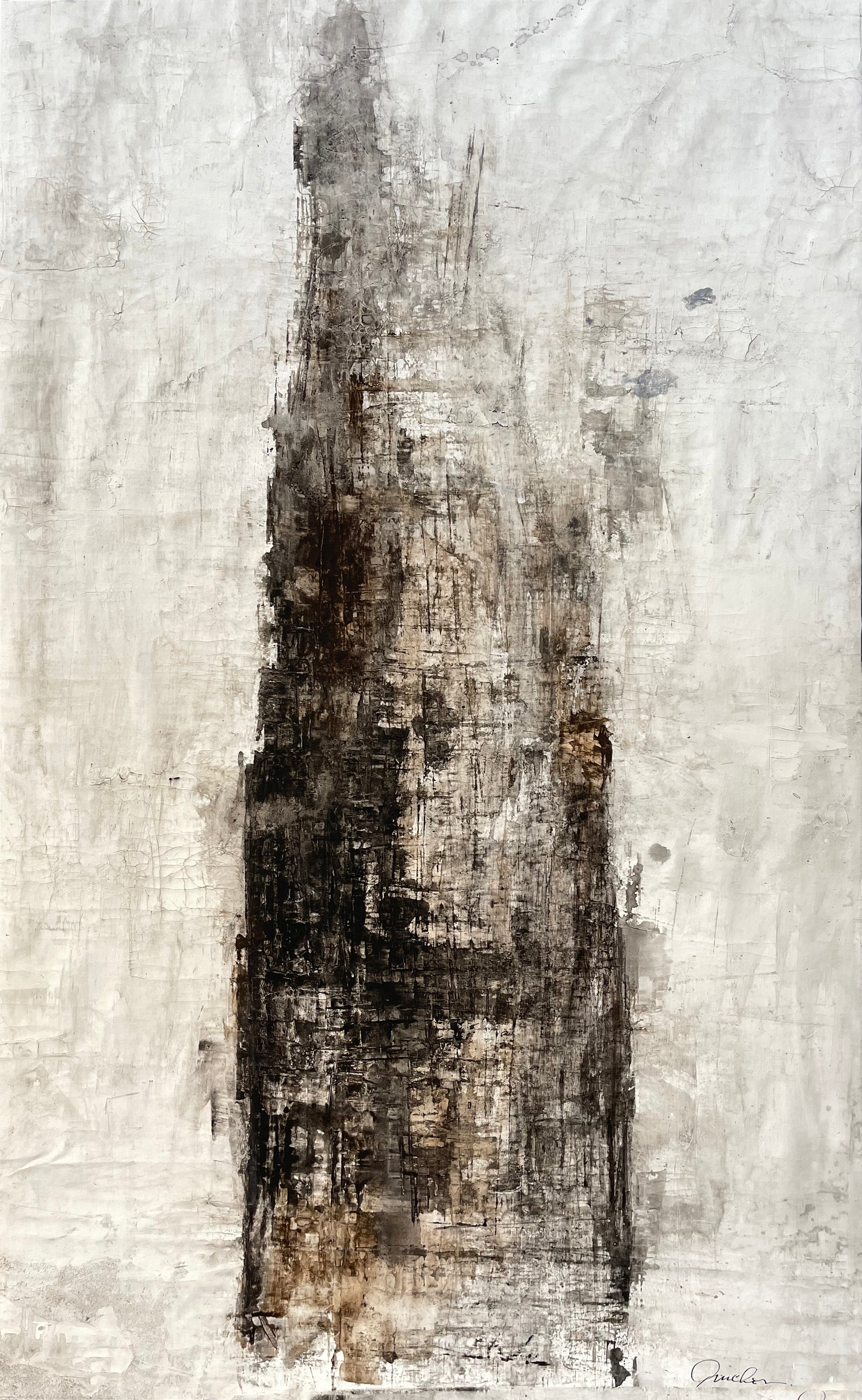 Once Upon a Time represents a relic of peace and simplicity. Highly textured neutral tones created with paint, ink, charcoal and plaster adorn the canvas. The overall look and feel is soft yet powerful, stoic, and tender. Another favorite on Truchon's personal list.