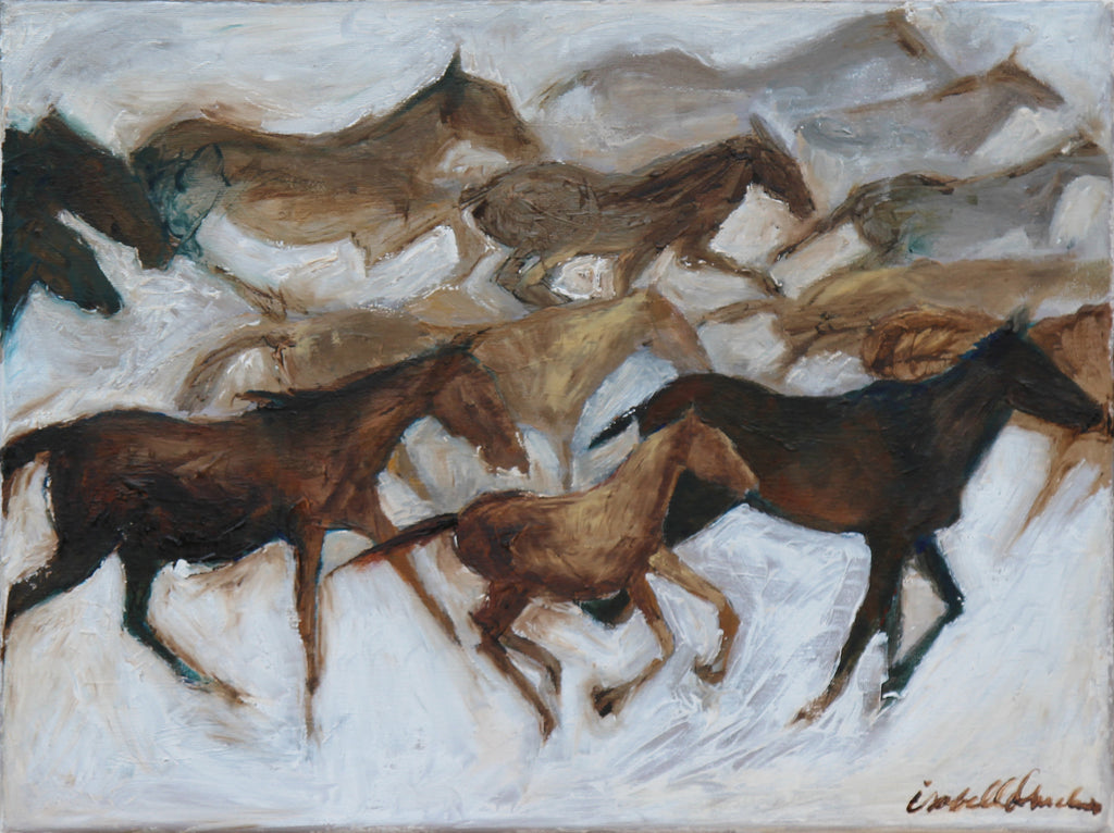 A herd of wild horses galloping on the high desert of the Steens Mountain Wilderness. Isabelle's works are inspired by the cave paintings of our early ancestors. The first artists documented their existence employing color, texture and form. Using nature's most basic available elements, the animals that lived in harmony with them, became their subjects and muses.