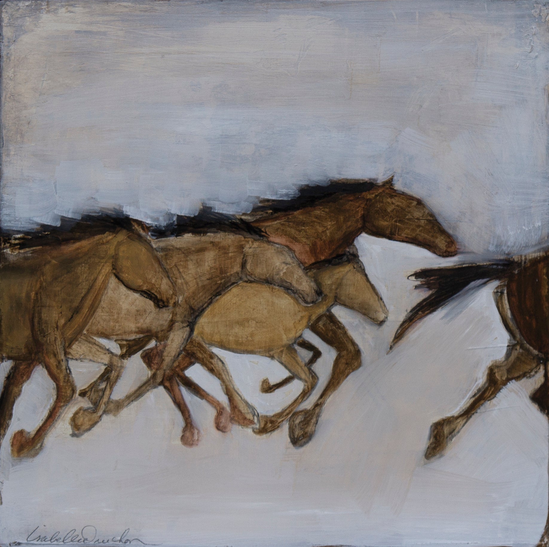 Wild, wild horses....horses are band animals. They live, work relax and play as a family. They support and protect one another. They learned through instinct of survival that they are stronger... together.Artwork by Isabelle Truchon, contemporary and lovely.