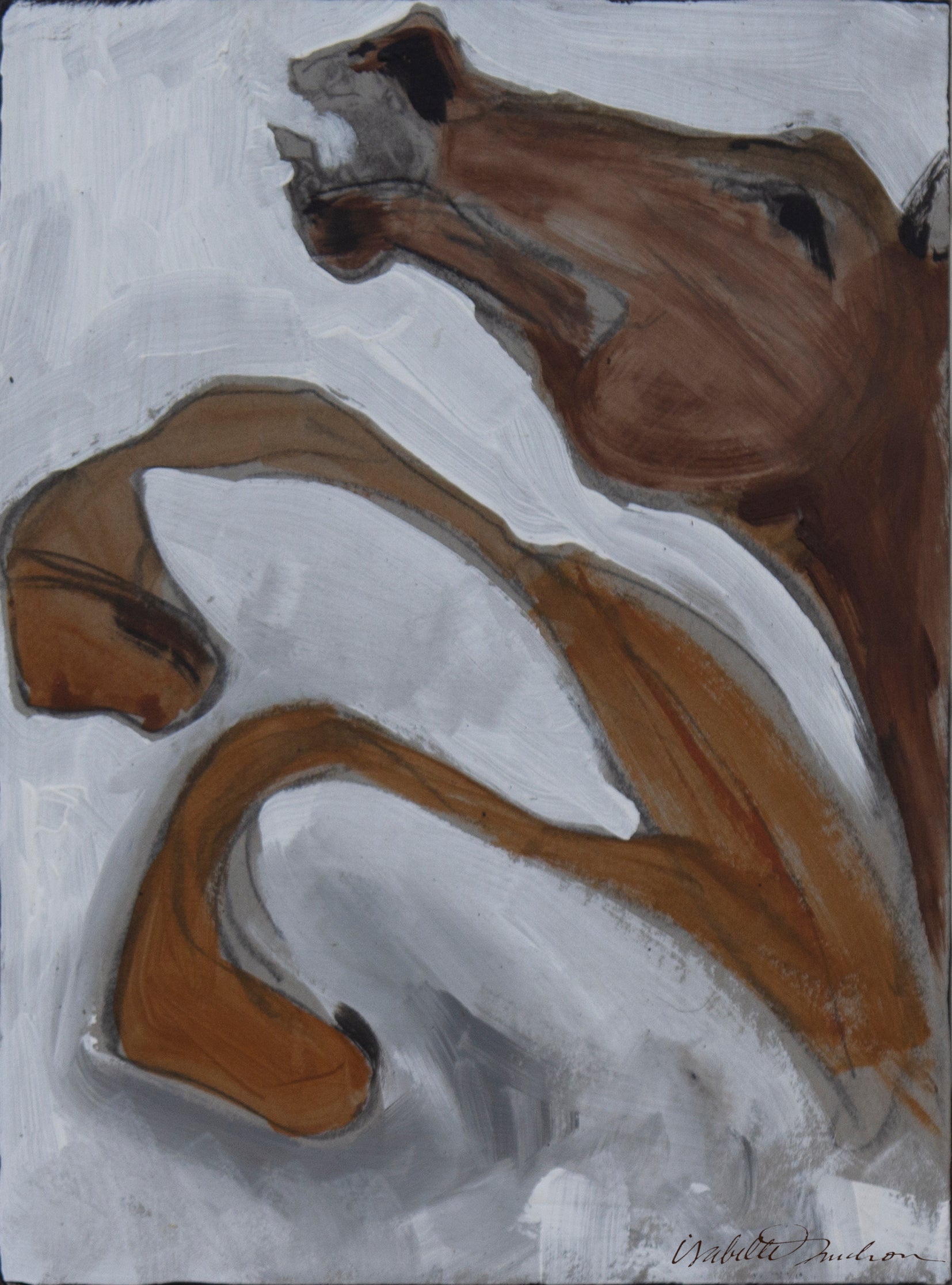 Horses are expressive beings. They love, they exude joy, hurt, and sorrow. The mixed media combination of paper, charcoal and water color or gouache, ink or acrylic, dry pigments, and water are a wonderful tool to explore such emotions, by Isabelle Truchon.