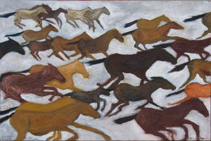 Larger version of Little Wild, a herd of wild horses galloping on the high desert of the Steens Mountain Wilderness. Isabelle's works are inspired by the cave paintings of our early ancestors. The first artists documented their existence employing color, texture and form. Using nature's most basic available elements, the animals that lived in harmony with them, became their subjects and muses.