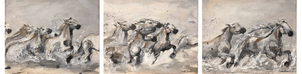 Inspired by the beautiful horses of the Camargue, this mixed media original series exudes energy and the positive force conveyed by a horse with its herd in their natural element.