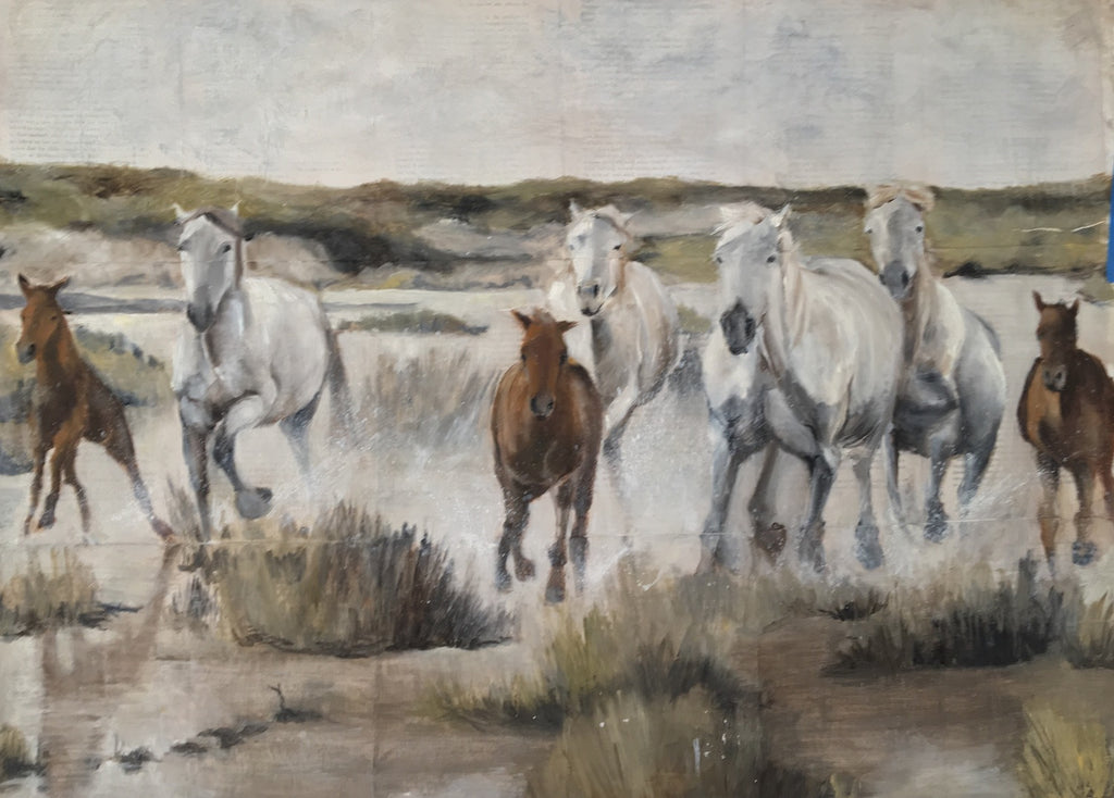 Original mixed media of a herd of Camarguais wild horses galloping in the Camargue region of France.