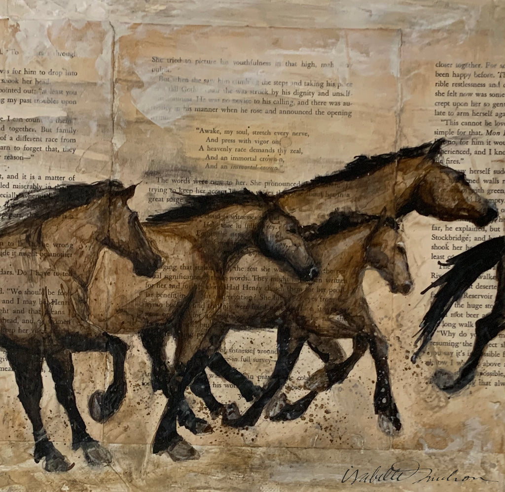 Wild horses galloping in their desert landscape, running away from me as notice me in the distance, observing silently. With their instinct to guiding their actions, the herd acts as one. The herd is a strong defender of their space, their habitat, which is sadly under constant threaten. Last in a series of three pieces, created with the pages of All This and Heaven Too, by Kathleen A Jackson.