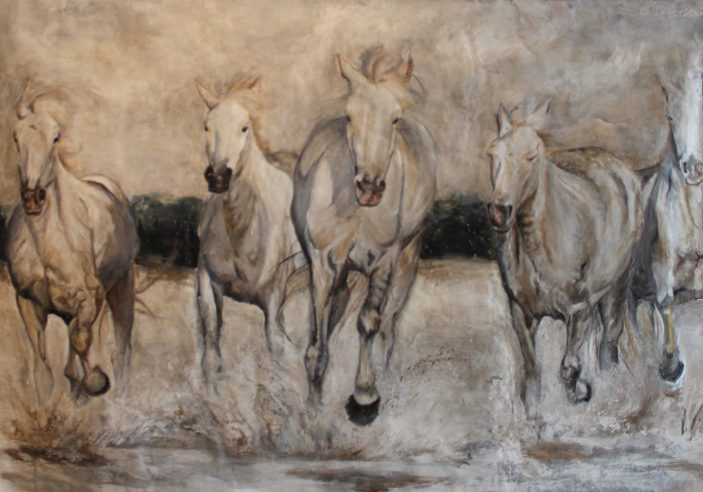 Original oil painting depicting the strong and graceful horses of the Camargue.