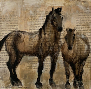 The wild Kiger horses have the deepest and blackest most beautiful eyes I have ever seen. Here, with her offspring, a mare not far from her herd offers a gaze communicating that she is allowing me to observe, but to dare not attempt to approach. First in a series of three pieces, created with the pages of All This and Heaven Too, by Kathleen A Jackson.