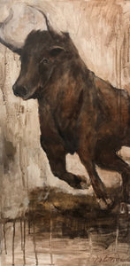 Samson the bull's partner Delilah, in muted natural tones, sweet and full of life. A fantastic piece for a wall and space, perhaps with her pal Samson!