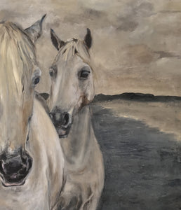 Original oil painting depicting the strong and graceful horses of the Camargue.