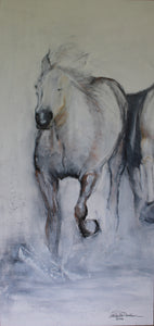 Original charcoal and gesso painting depicting the gentle and graceful horse of the Camargue.