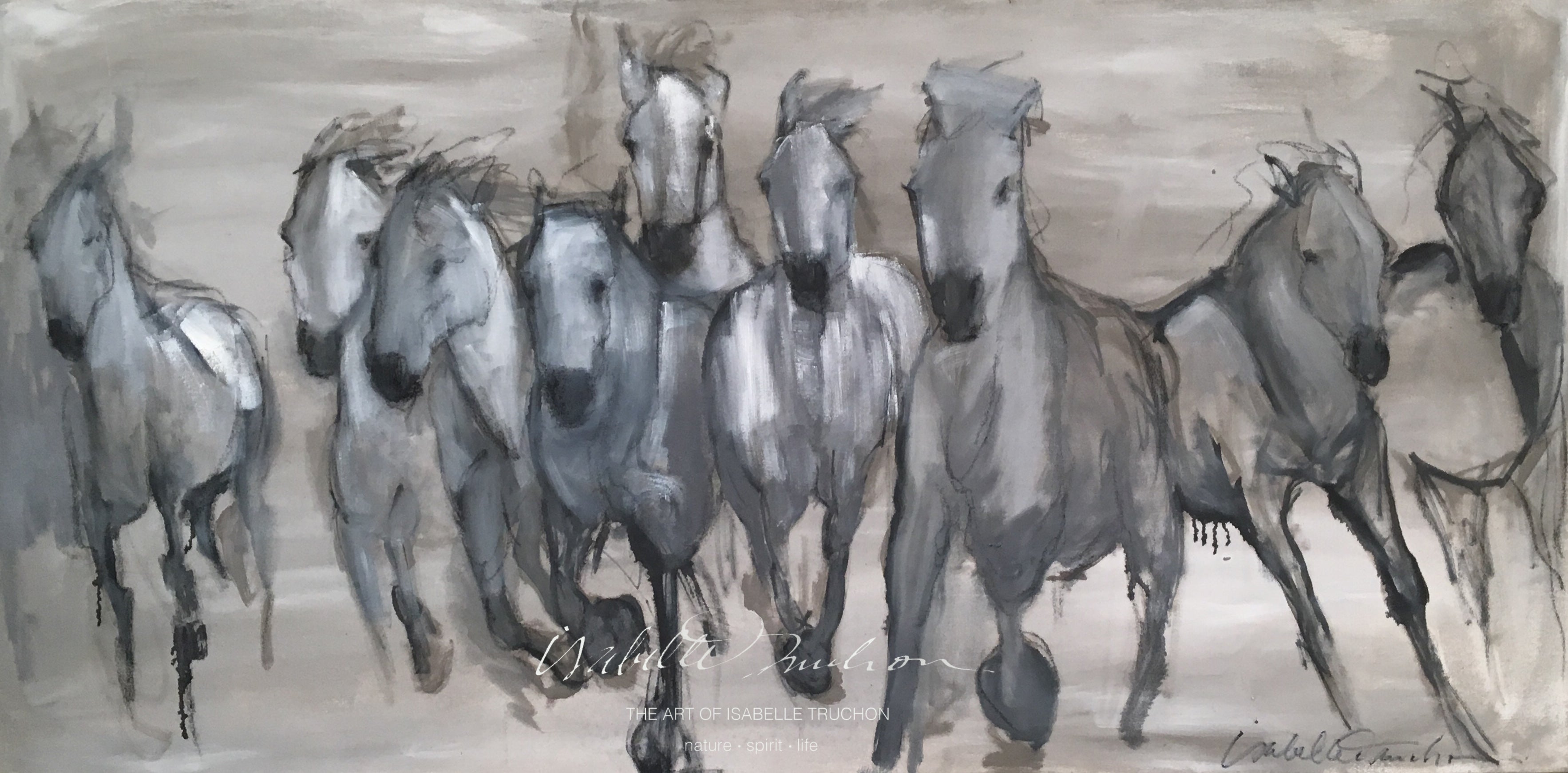 Energetic horse herd from the Camargue region of France in subtle neutrals in cool and warm tones of gray. A showpiece for any wall in your home or office.