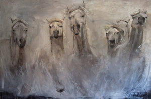Energetic horse herd from the Camargue region of France in subtle neutrals in cool and warm tones of gray. A showpiece for any wall in your home or office.