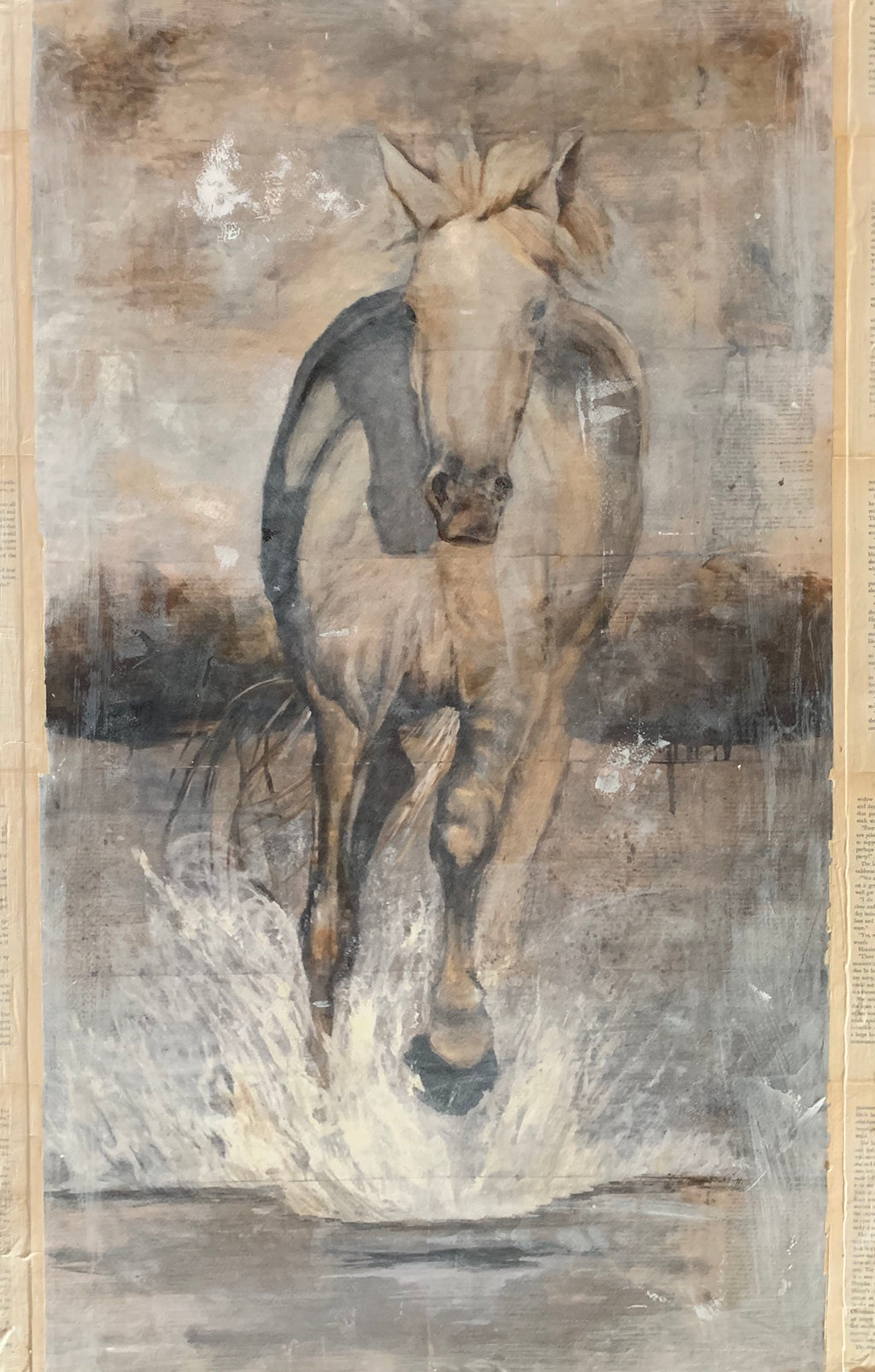 Original retouched print of energetic horse from the Camargue region of France in subtle neutrals of cool and warm tones of gray. A showpiece for any wall in your home or office.