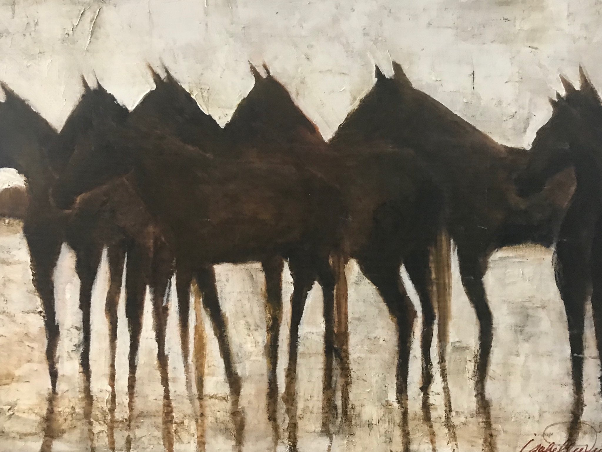 A soothing retouched original reproduction painting of a mellow herd of wild horses in the marsh of the Camargue region at sunset. 