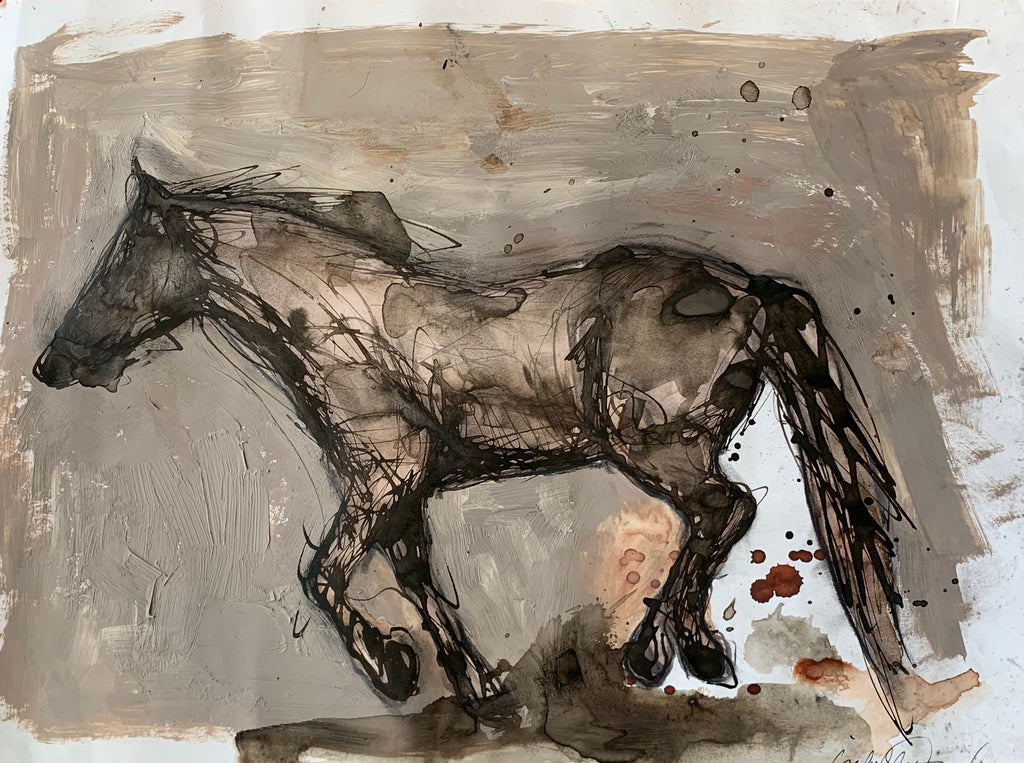 Original ink and Gouache painting of galloping wild horse. Isabelle Truchon art