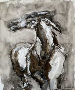 Original ink and gesso painting of galloping wild horse. Isabelle Truchon art