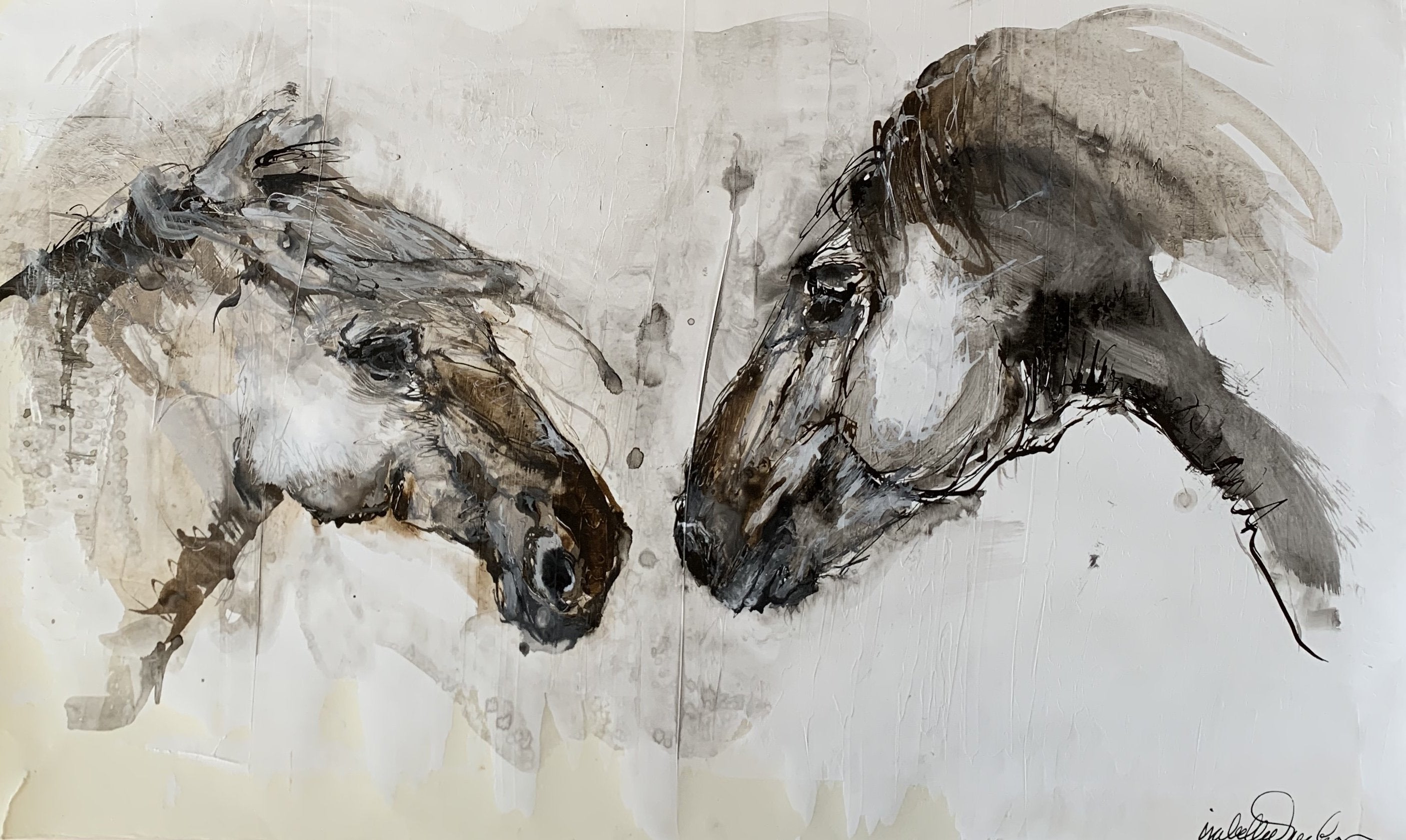 Original ink and gesso painting on paper of two horses coming together. Isabelle Truchon  Art