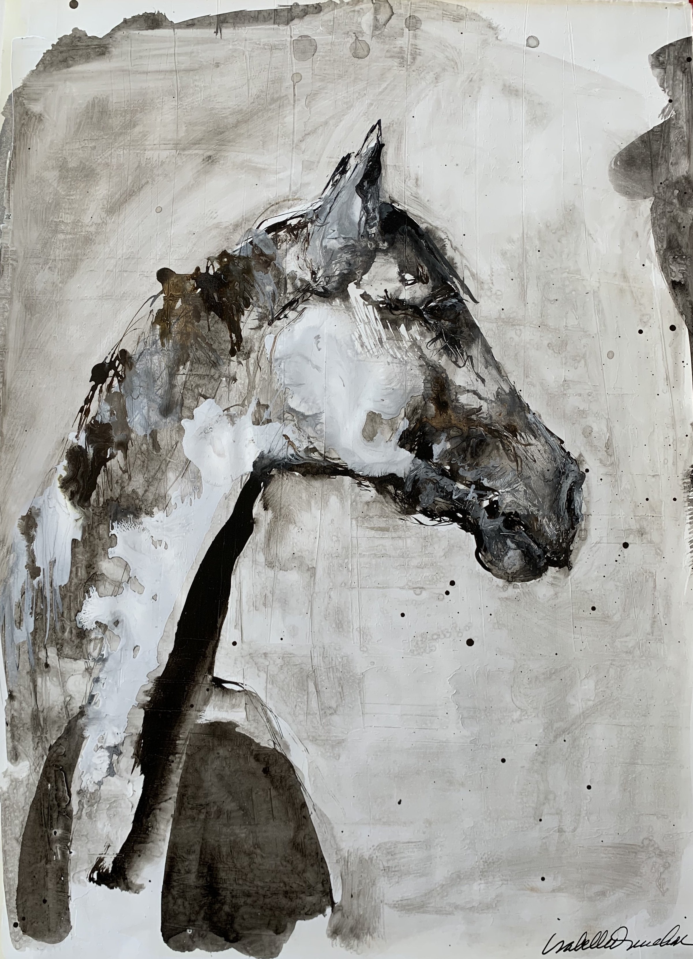 Original ink and gesso painting on paper of gentle horse in profile. Isabelle Truchon