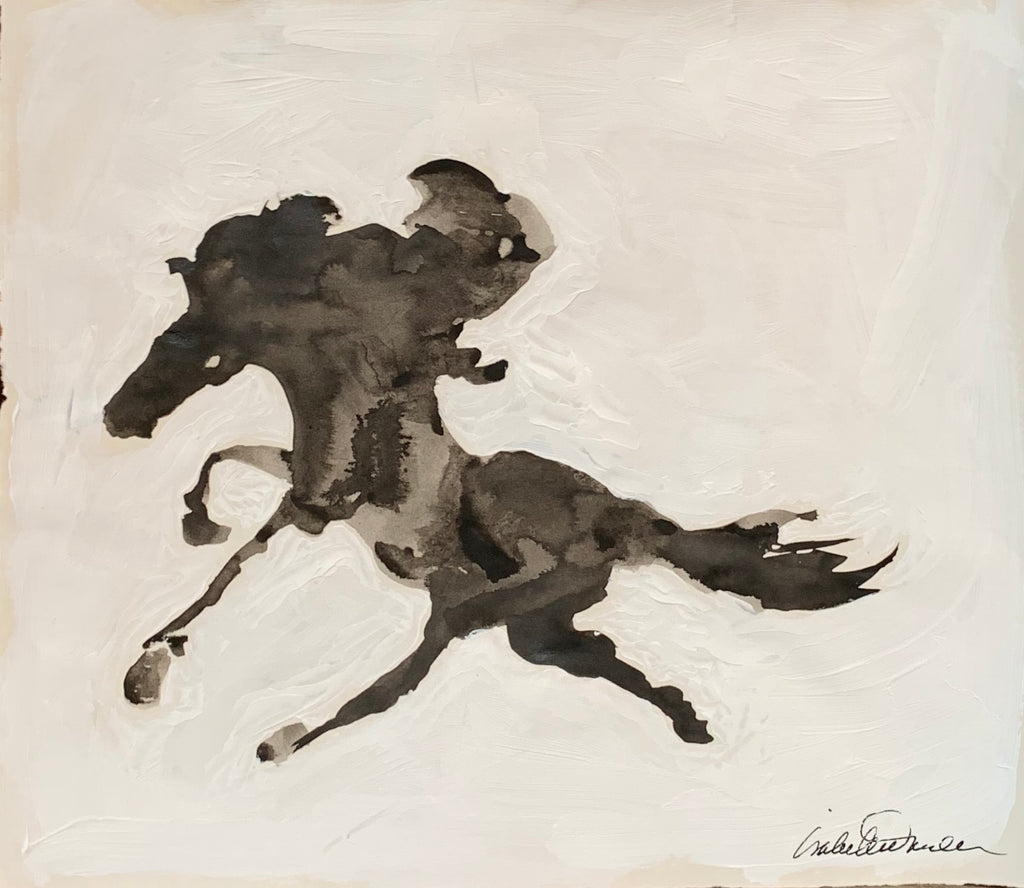 Black Beauty, Original ink and gesso painting of galloping wild horse, a black, elegant beauty. Isabelle Truchon art