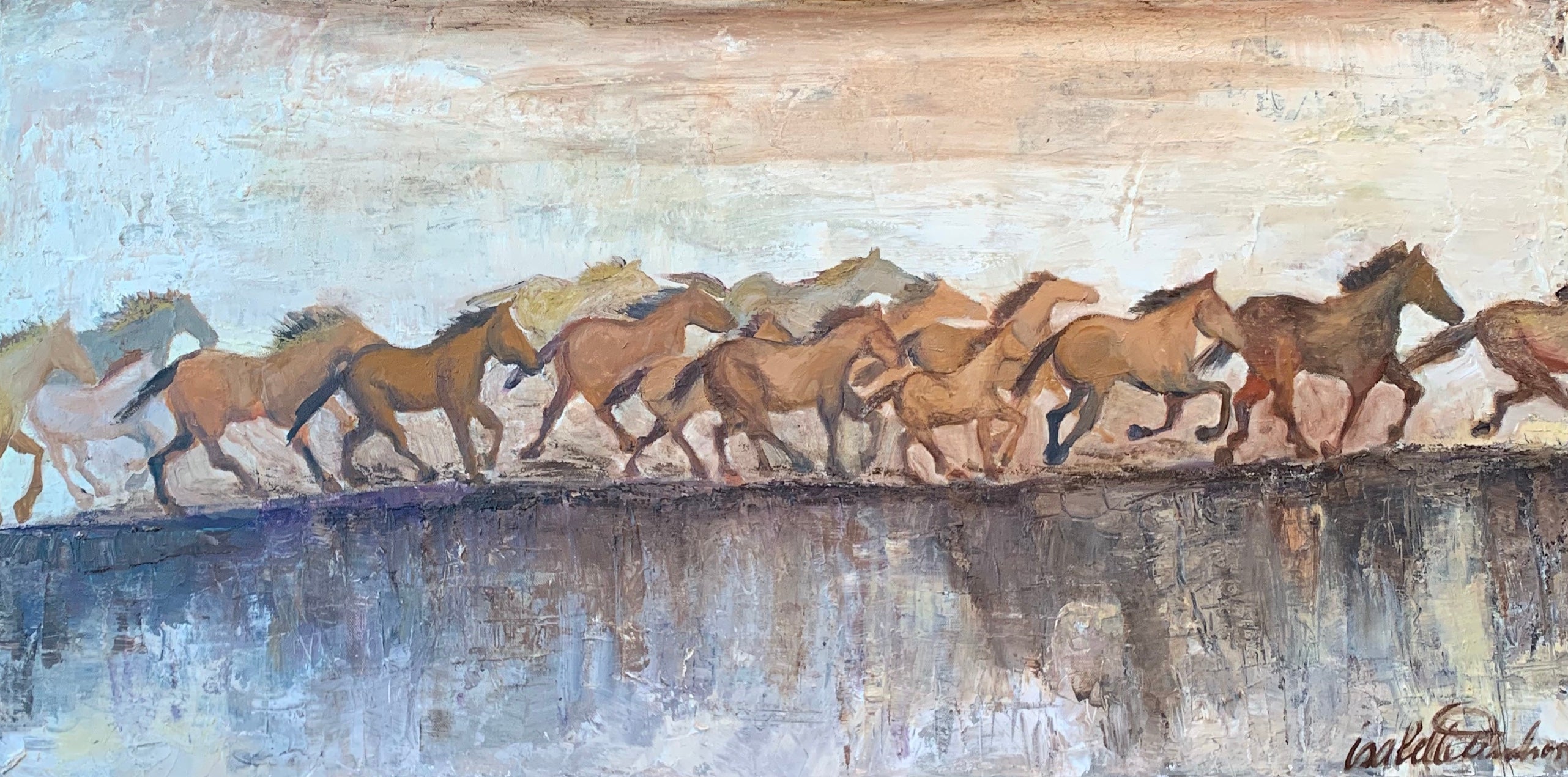 Energetic wild Kiger mustang horse herd from the Steens Mountain and Kiger Gorge, the high desert region of East Oregon in subtle warm neutrals with touches of cool nuance. A showpiece for any wall in your home or office.isabelle truchon art