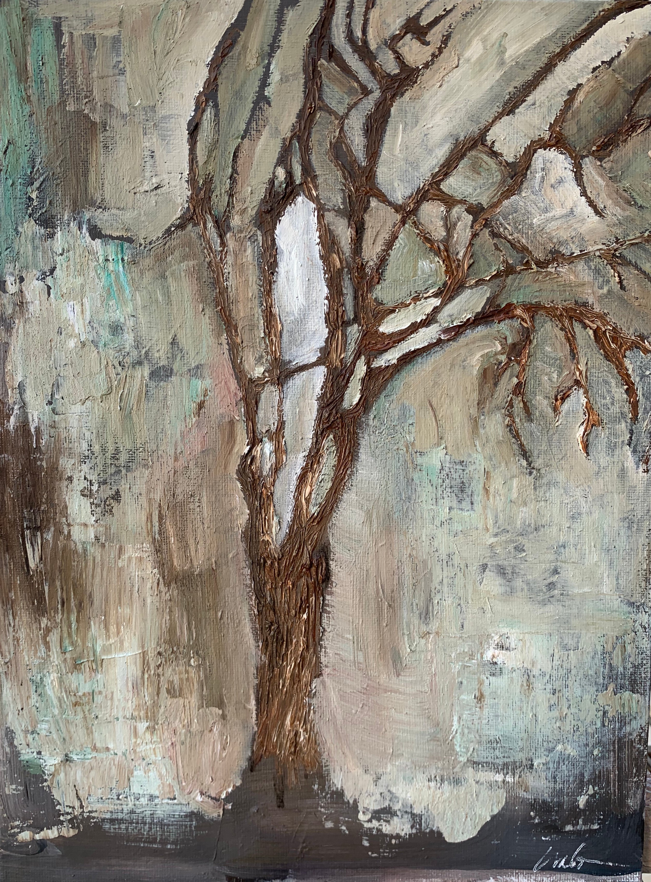 Highly textured and gleaming with subtle nuances of light and dark tones. Oak tree in Winter.