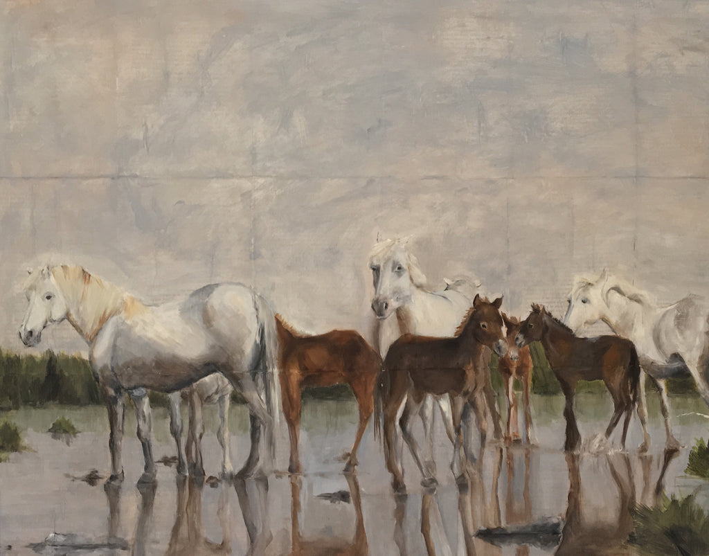 Original mixed media of a herd of Camarguais wild horses being still in the shallow water of the Camargue.