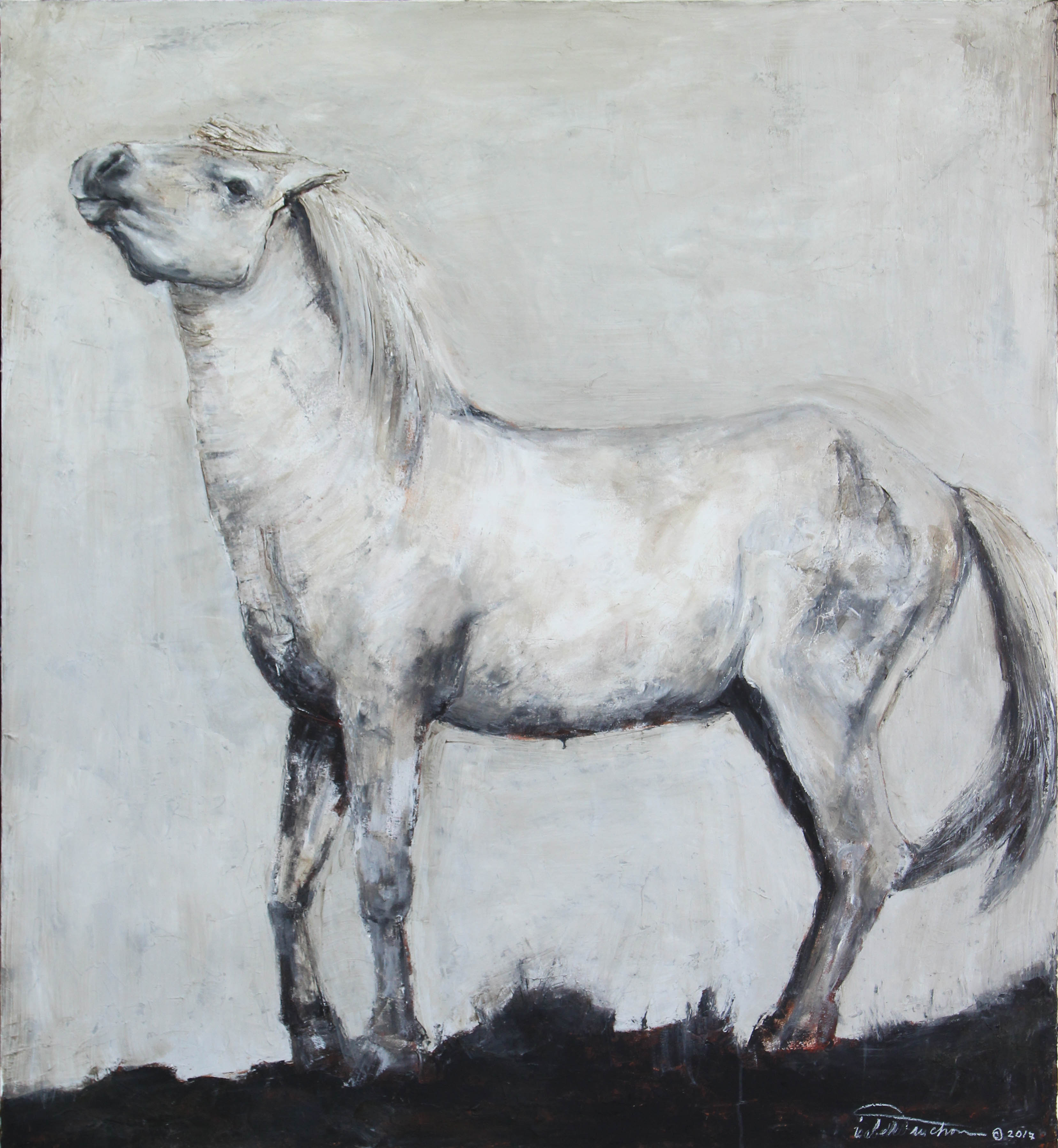 Stunning and highly textured piece depicting a posturing stallion Camarguais horse. Neutral tones of gray and white with a touch of dirtied burnt umber and rich alsphaltum hues