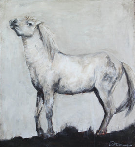 Stunning and highly textured piece depicting a posturing stallion Camarguais horse. Neutral tones of gray and white with a touch of dirtied burnt umber and rich alsphaltum hues