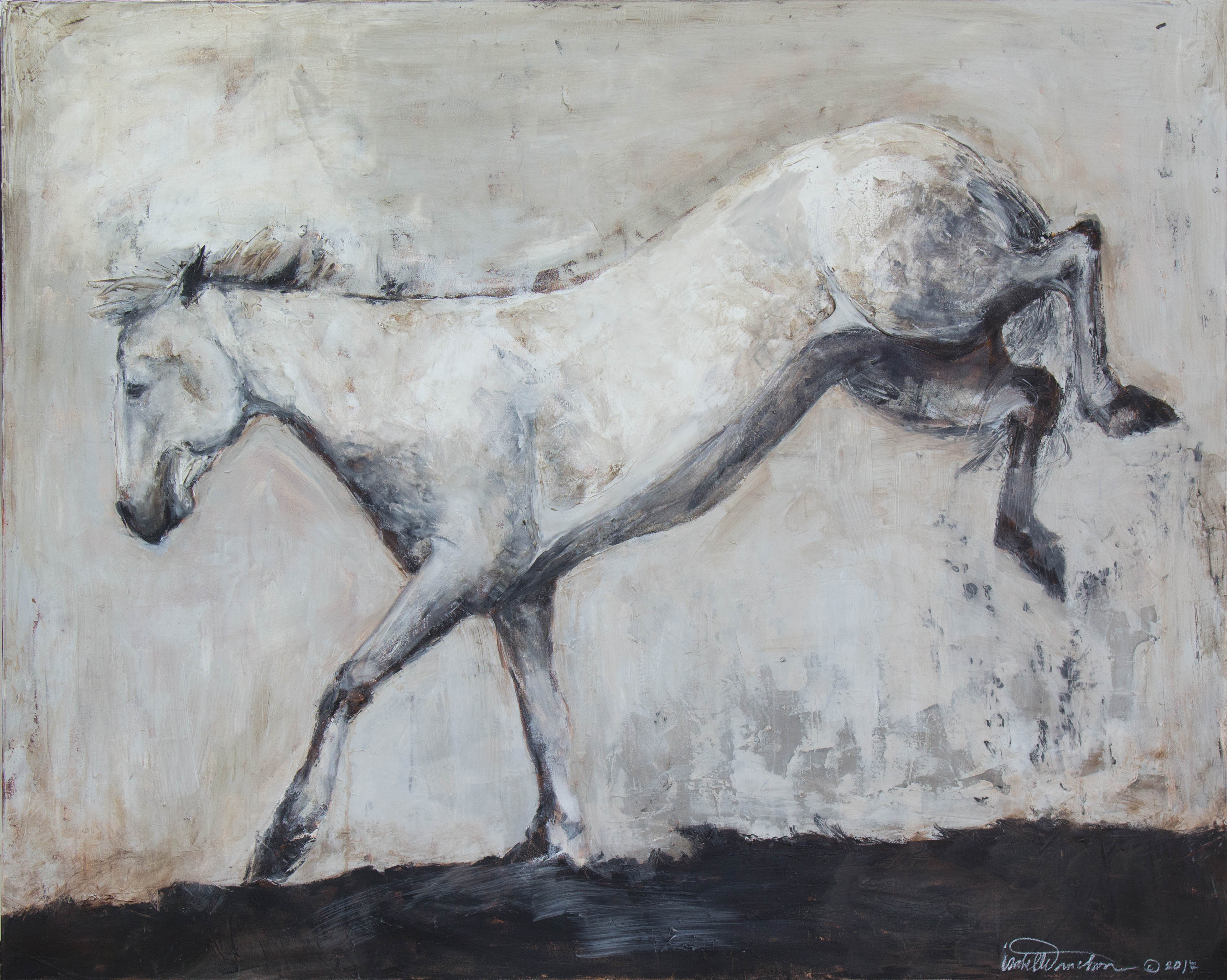 Stunning and highly textured piece depicting a bucking young stallion Camarguais horse. This piece is related to Detail on Into the Morning Mist, and is the Into The Morning mist paintings. Neutral tones of gray and white with a touch of dirtied burnt umber and rich alsphaltum hues. 
