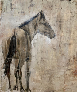 Solemn and stoic, the wild Kiger horse painted in subtle neutrals of warm tones of gray, umber, burnt umber and sienna. A showpiece for any wall in your home or office.