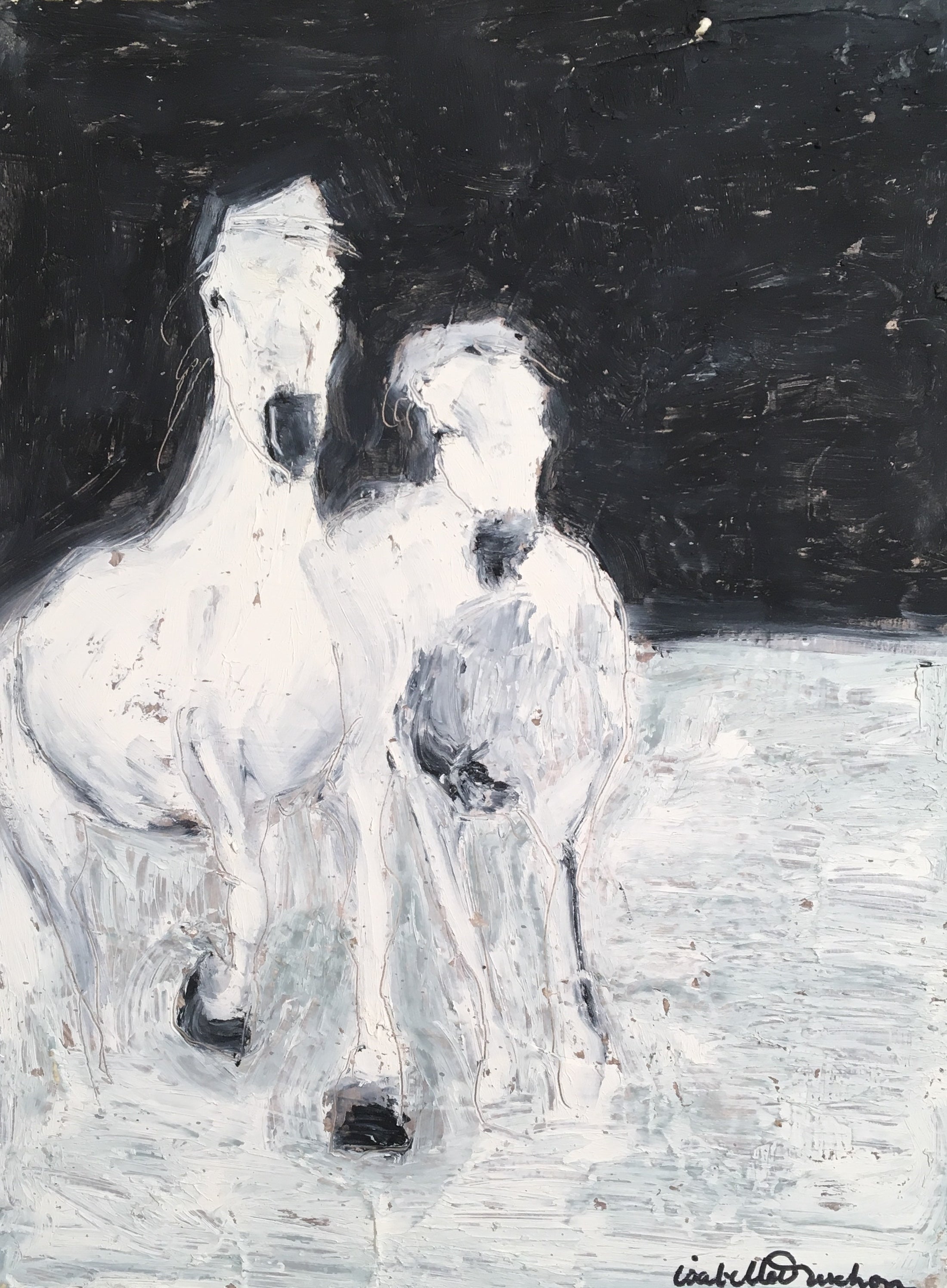 Inspired by the beautiful white horses of the Camargue, this highly textured oil original exudes energy in abstraction of the horse form as they gallop in the waters of the Rhone delta. Second in a series of three.