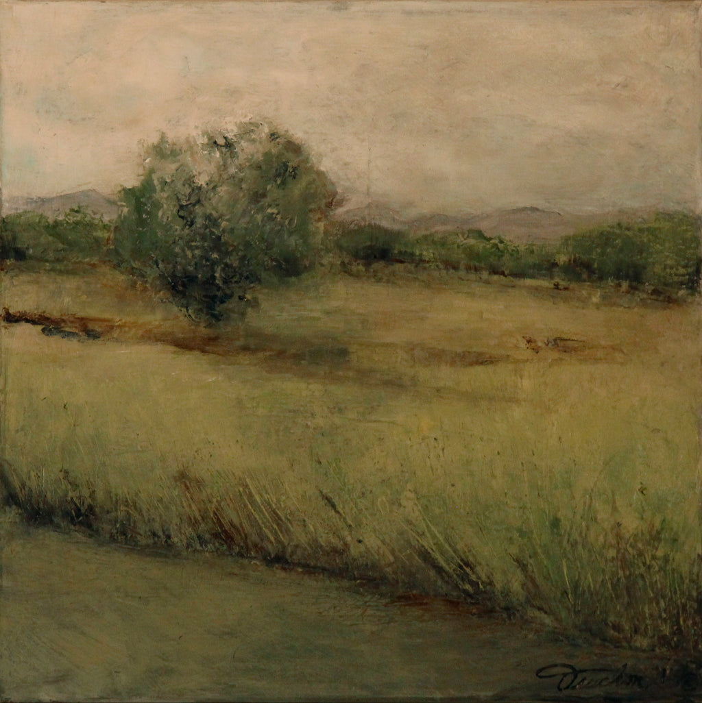 Summer landscape of hay field with a tree.