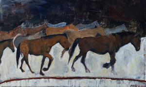The wild horse herd of the Steens Mountain Wilderness. Kiger mustangs, beautiful and pure. A heavily textured piece making a strong impression in a space.