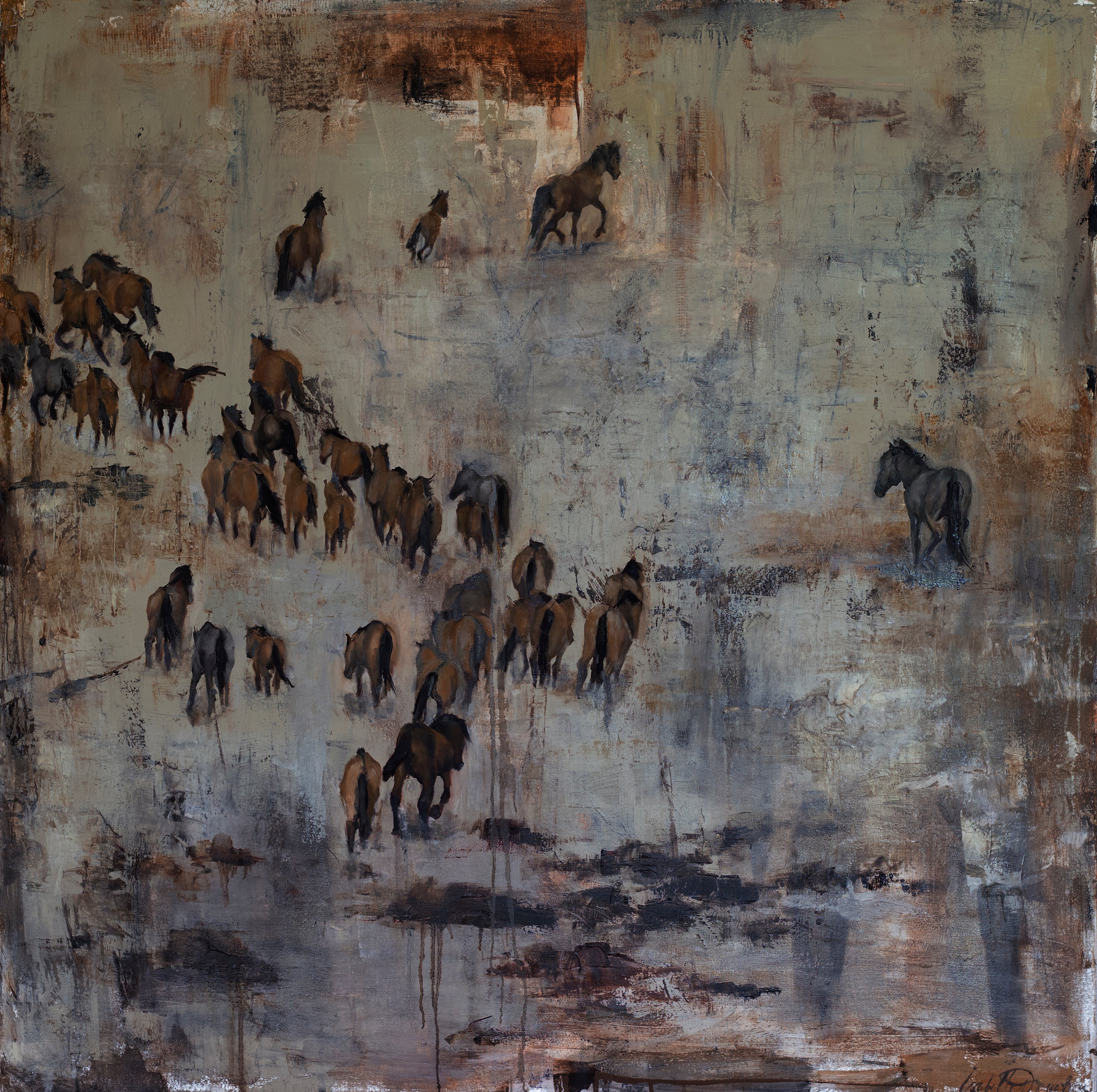 Energetic wild horse herd from the the Steens Mountain Wilderness. The mustangs depicted in this oil original shows their beauty and their strength. Together they are one, guided by instinct and truth. A showpiece for any wall in your home or office.