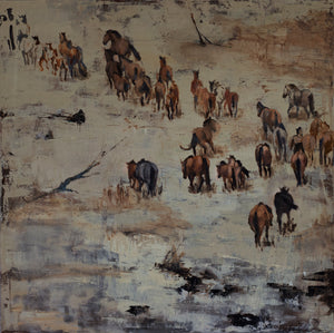 The second of the almost monochrome depiction of the energetic wild horse herd from the Steens Mountain Wilderness paintings. The mustangs together are one, guided by instinct and truth. A showpiece for any wall in your home or office.