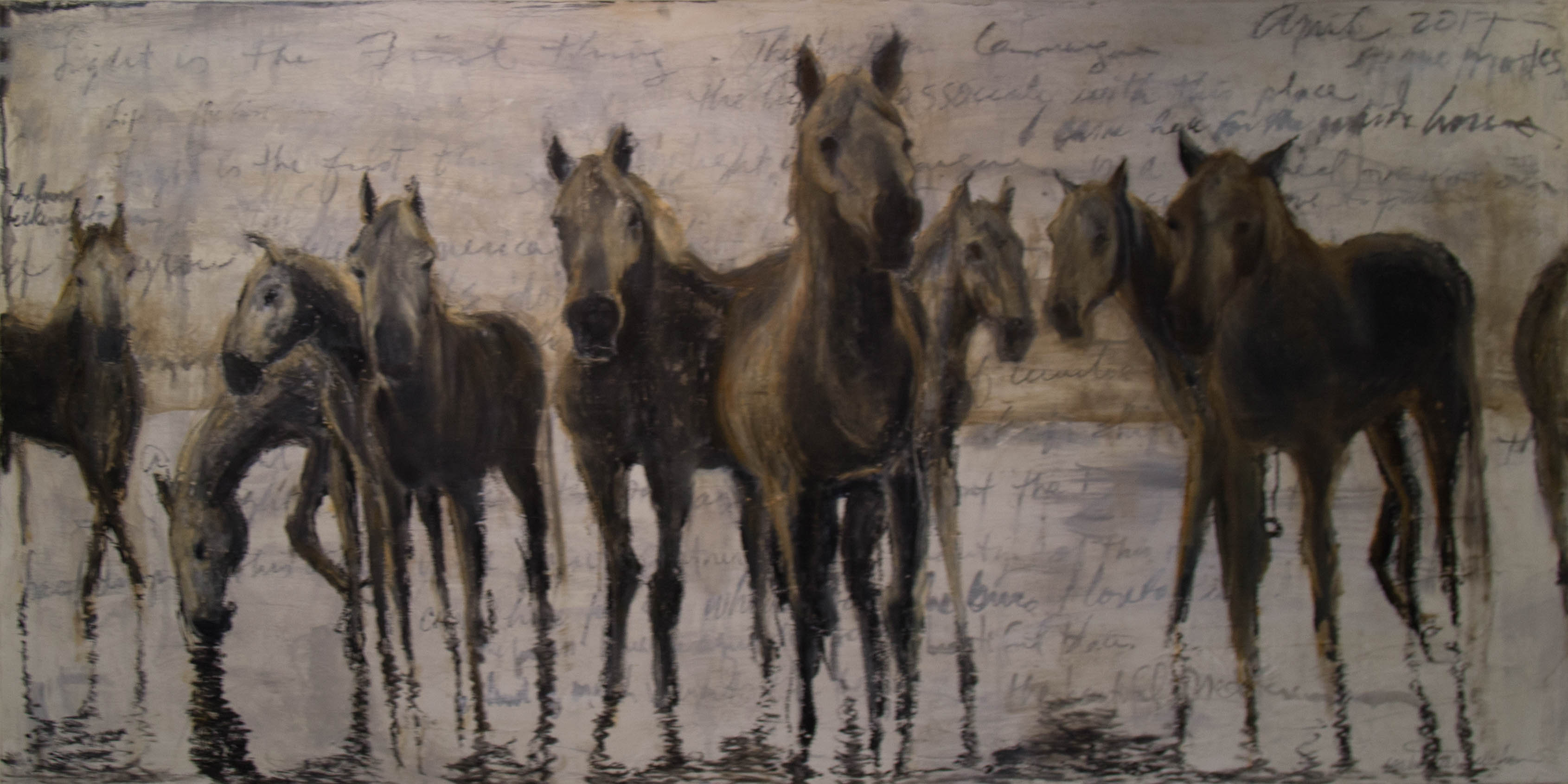 A soothing original oil painting of a herd of wild horses in the marsh of the Camargue region. 