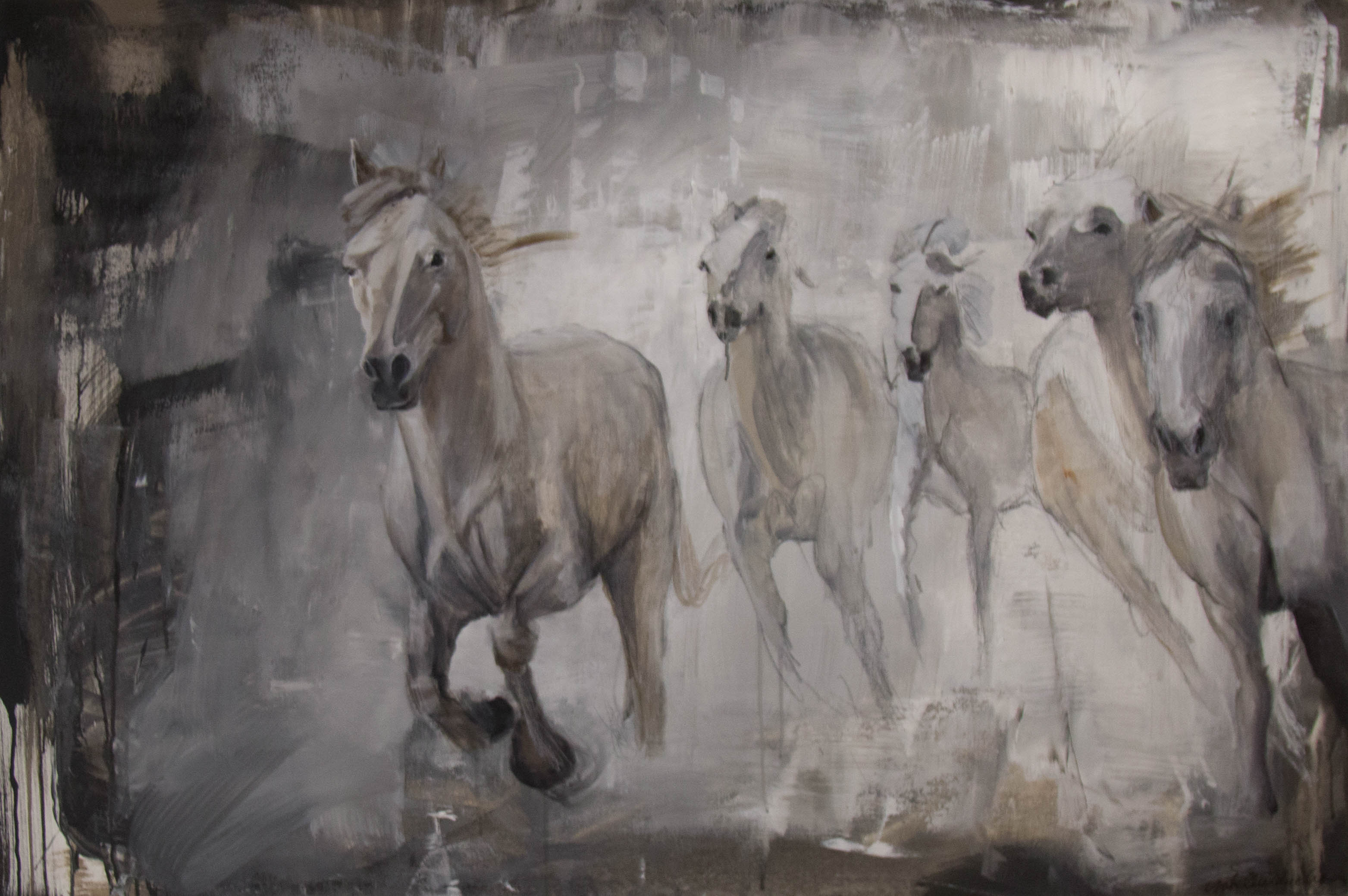 Abstracted herd of wild horses galloping. Exceptional movement and energy in the elements of this painting balanced with its subtle chromatic palette make this piece a great conversation piece.