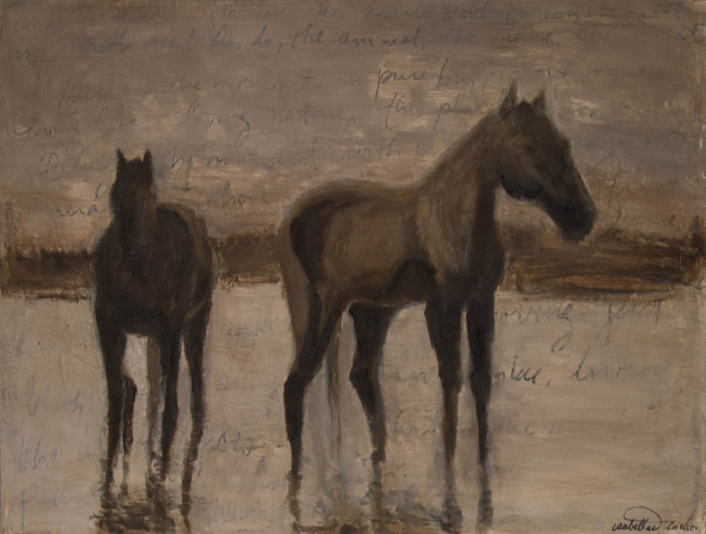 A soothing original oil painting of two mellow wild horses in the marsh of the Camargue region at sunset. 
