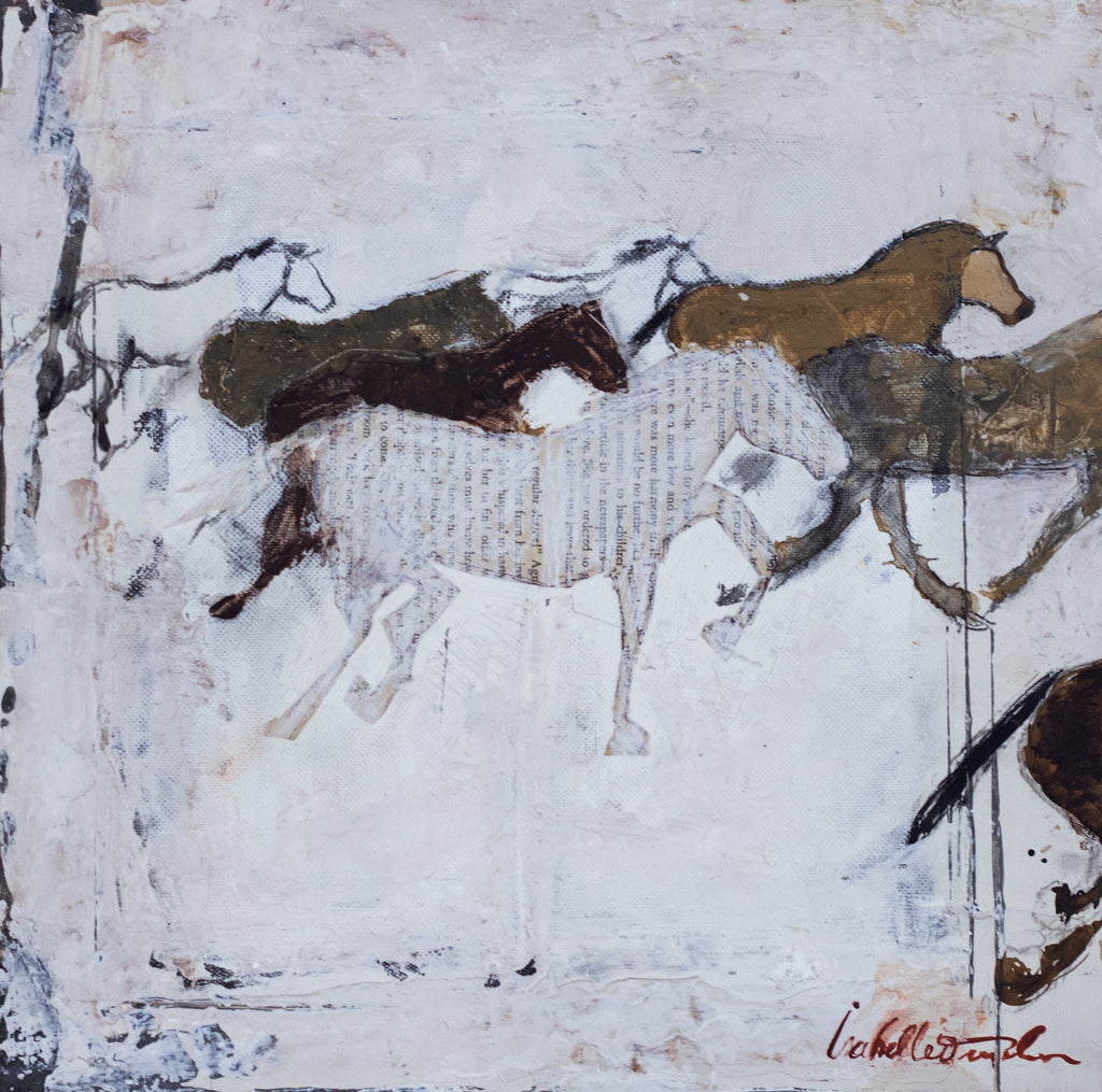 A sister to Beating Hooves, Wild Hearts is another precious bijou of a painting with its small scale with ample energy and grit. This mixed media painting of a wild horse herd galloping is inspired by the wild Kiger herd in the Steens Mountain Wilderness in east Oregon, an original from the ROAM Collection.