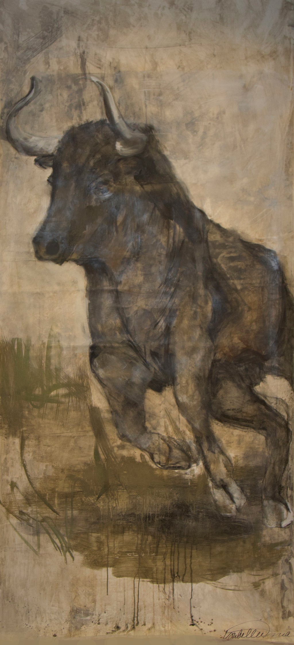 Samson the bull's partner Delilah, in muted natural tones, sweet and full of life. A fantastic piece for a lofty wall and space, perhaps with her pal Samson!