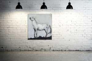 Stunning and highly textured piece depicting a posturing stallion Camarguais horse. Neutral tones of gray and white with a touch of dirtied burnt umber and rich alsphaltum hues. 