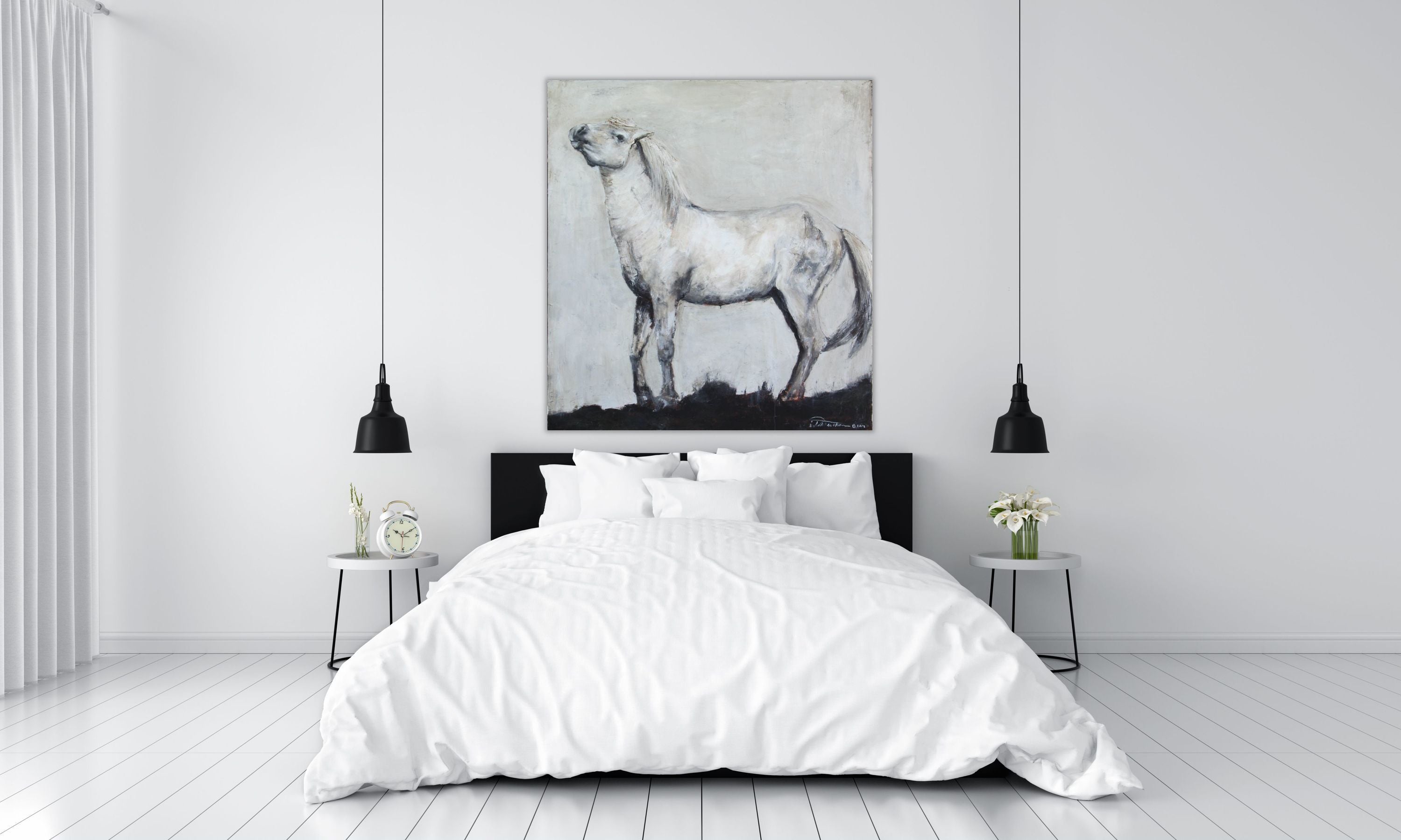 Stunning and highly textured piece depicting a posturing stallion Camarguais horse. Neutral tones of gray and white with a touch of dirtied burnt umber and rich alsphaltum hues. 