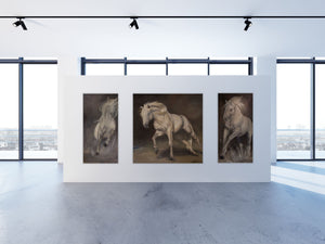 Second in a series of three, Spring Forth, is highly textured and displays the joyful spirit of the Camarguais horse frolicking in his natural environment of the Camargue. 