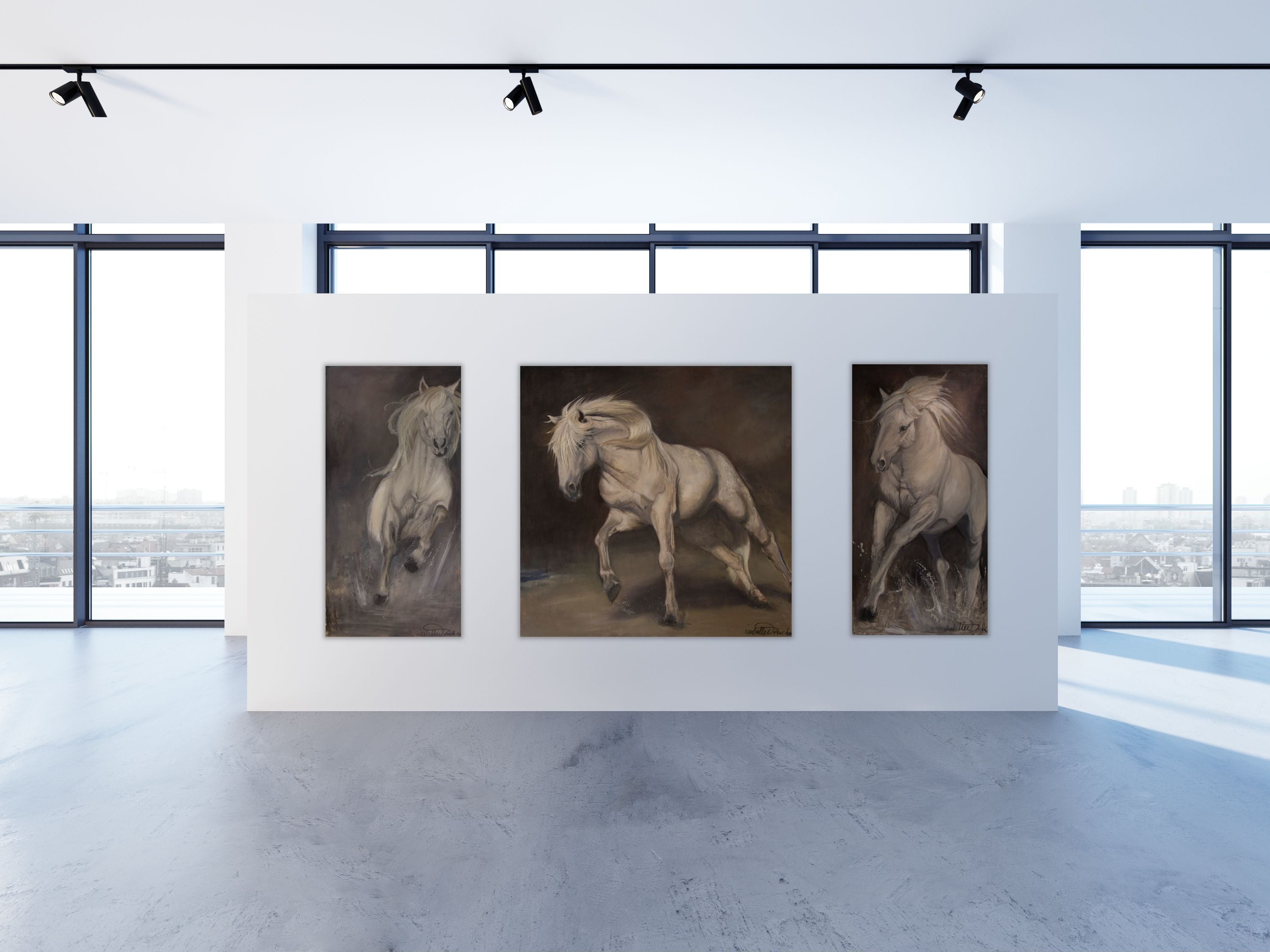 Third in a series of three, Leap is highly textured and displays the joyful spirit of the Camarguais horse frolicking in his natural environment of the Camargue. 