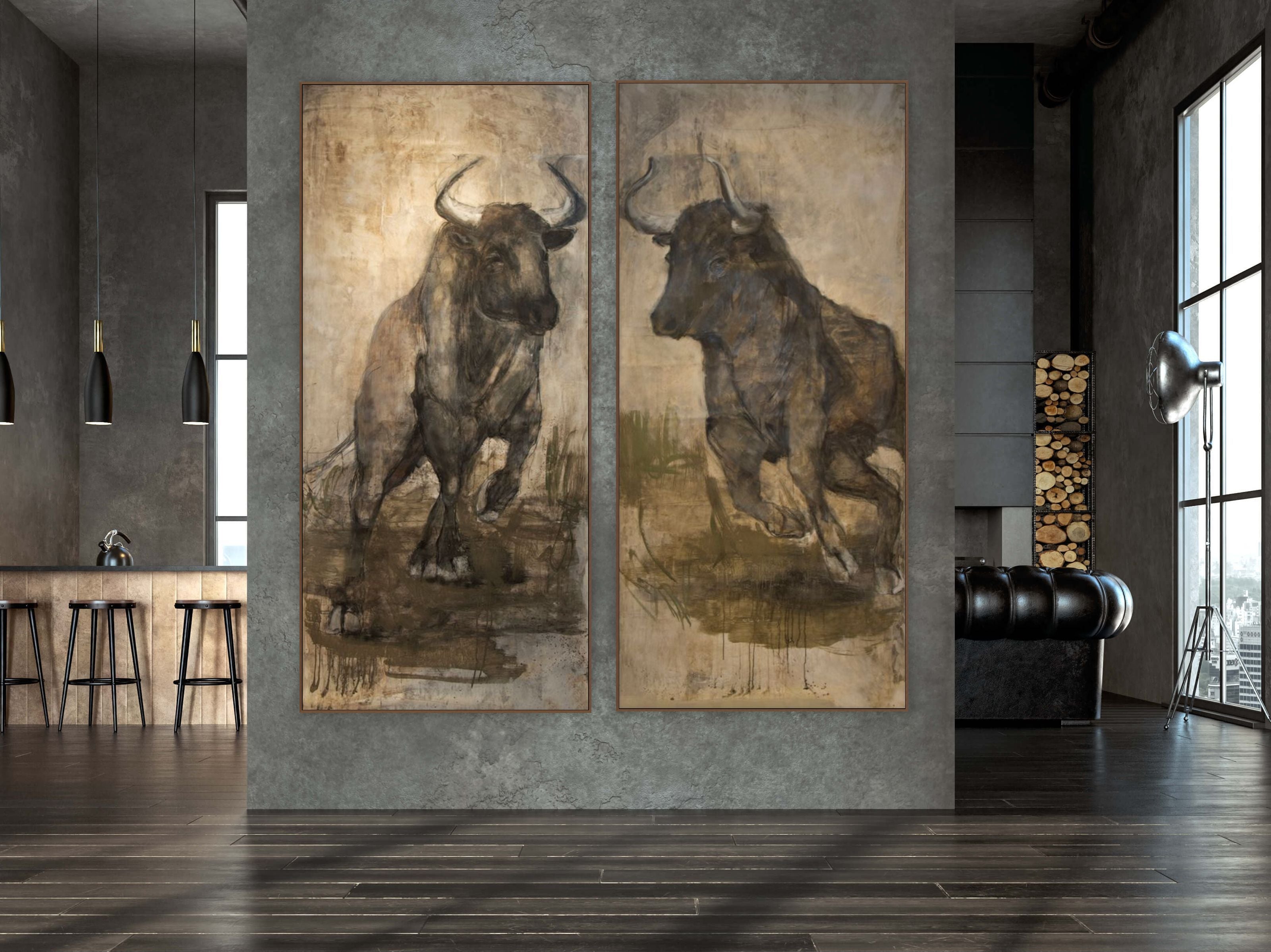Created with dry pigments and charcoal on paper mounted on wood panel, Samson the bull's partner Delilah, in muted natural tones, sweet and full of life. A fantastic piece for a lofty wall and space, perhaps with her pal Samson by artist Isabelle Truchon.