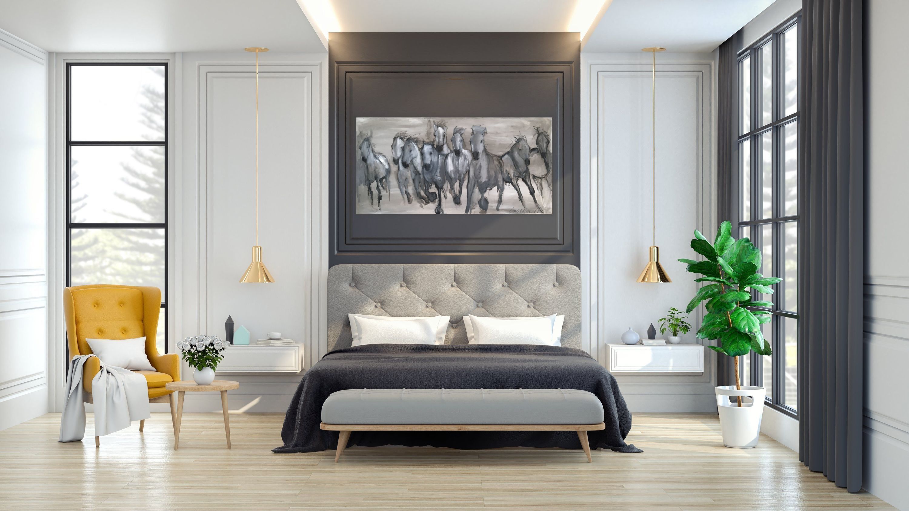 Energetic horse herd from the Camargue region of France in subtle neutrals in cool and warm tones of gray. A showpiece for any wall in your home or office.