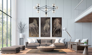 Third in a series of three, Leap is highly textured and displays the joyful spirit of the Camarguais horse frolicking in his natural environment of the Camargue. 