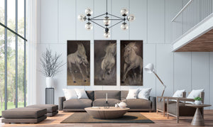 First in a series of three, Bliss, is highly textured and displays the joyful spirit of the Camarguais horse frolicking in his natural environment of the Camargue. 