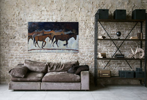 The wild horse herd of the Steens Mountain Wilderness. Kiger mustangs, beautiful and pure. A heavily textured piece making a strong impression in a space.