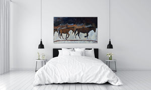 The wild horse herd of the Steens Mountain Wilderness. Kiger mustangs, beautiful and pure. A heavily textured piece making a strong impression in a space.